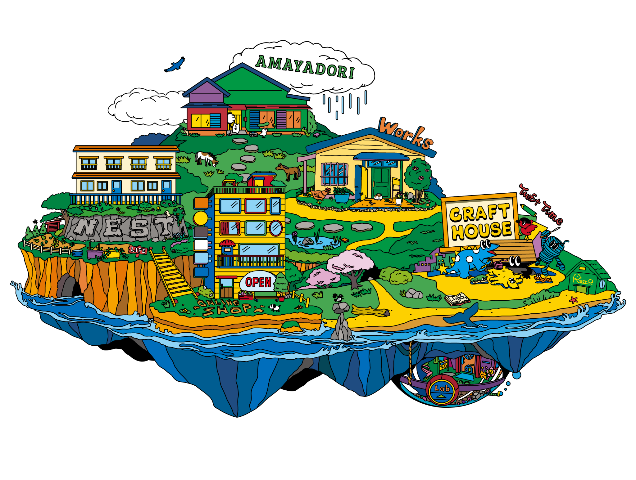AMAYADORI、C.B.NEST、CRAFT HOUSE、ONLINE SHOPなどが浮かぶCHEBLO WORLD全体MAP